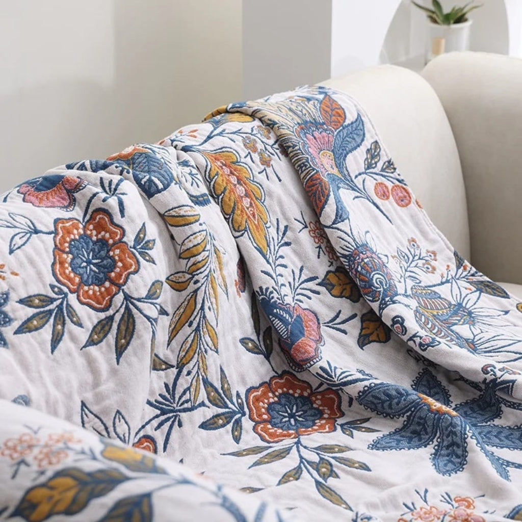 Floral Boho Cooling Throw Blanket — Lightweight Cotton Fabric