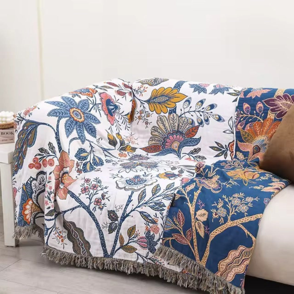 Floral Boho Cooling Throw Blanket — Lightweight Cotton Fabric