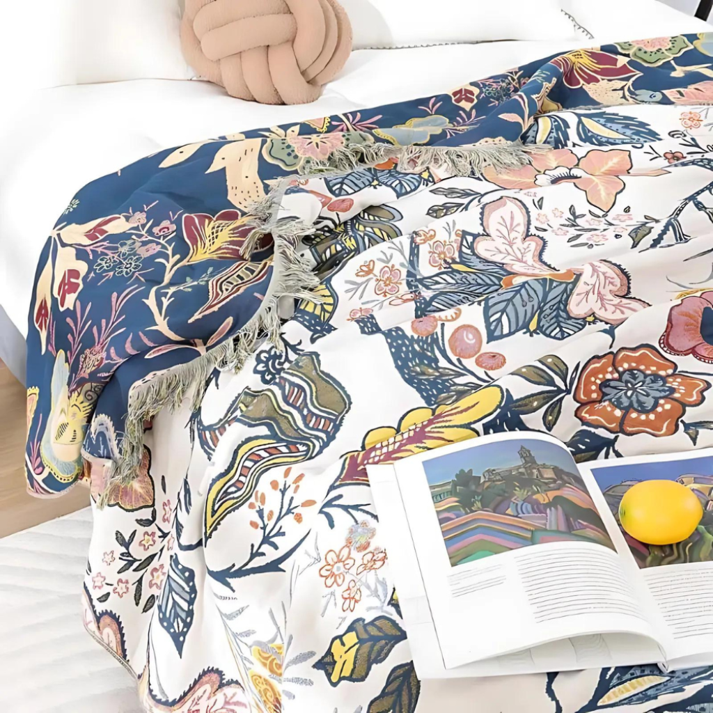 Floral Boho Cooling Throw Blanket — Lightweight Cotton Fabric