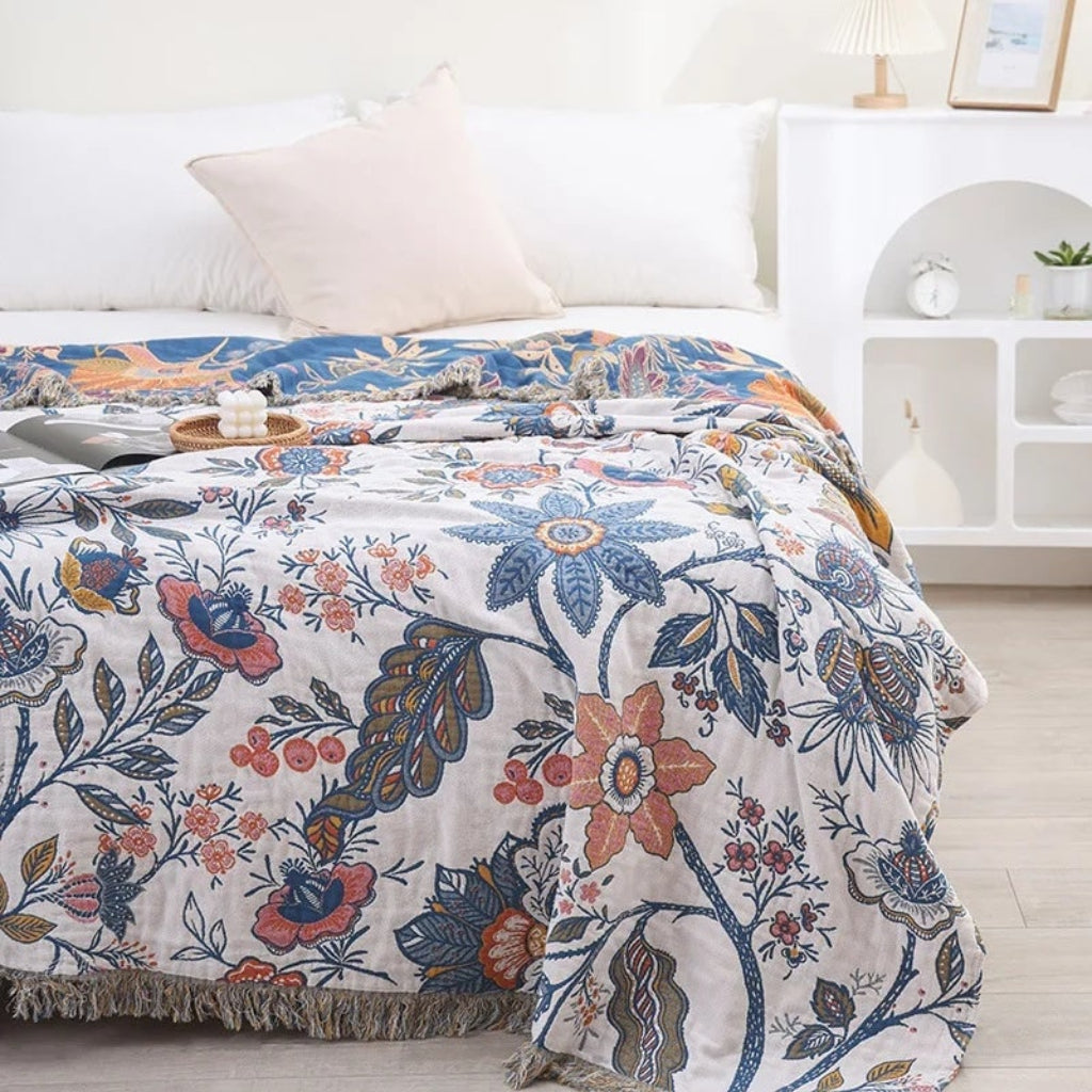 Floral Boho Cooling Throw Blanket — Lightweight Cotton Fabric