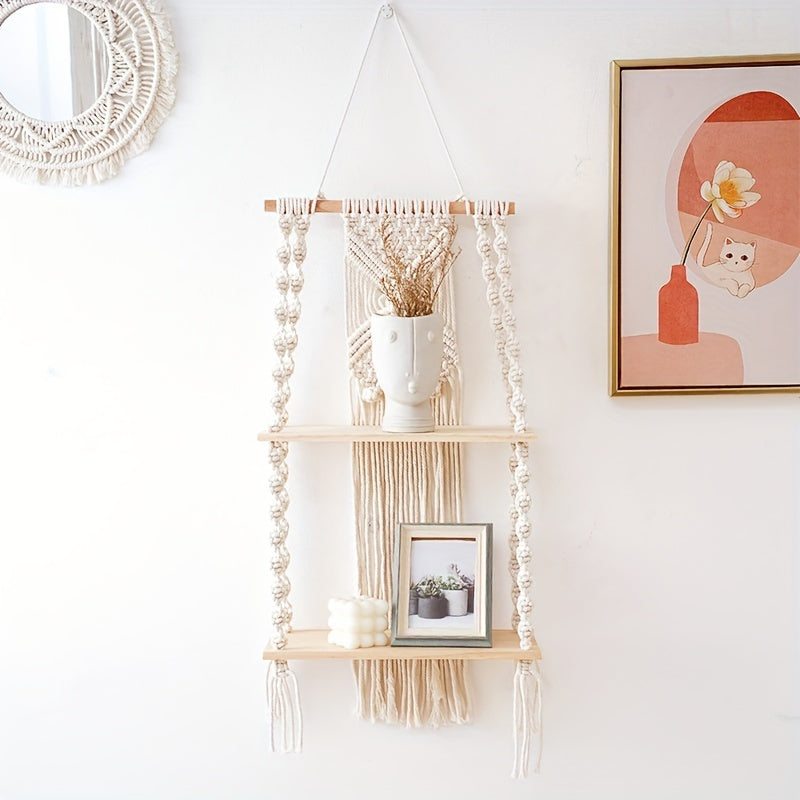 Two Tier Solid Wood Macrame Shelf — Hand Knotted Cotton Storage Rack