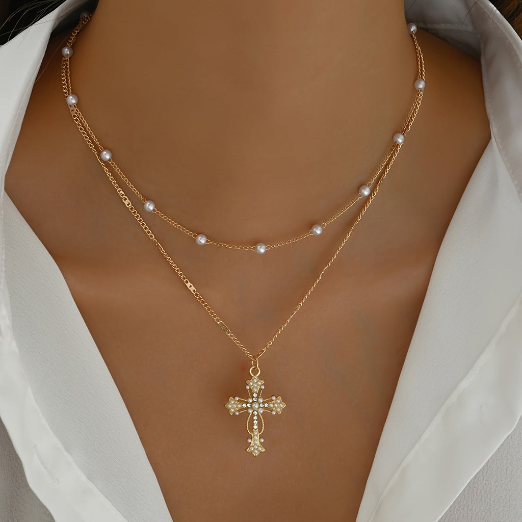 Gold Layered Cross Necklace — Beaded Chain Pendant, 40 × 2 cm