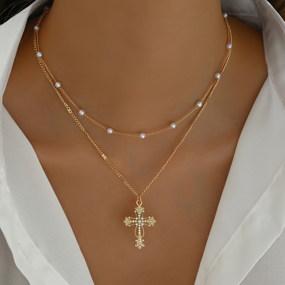 Gold Layered Cross Necklace — Beaded Chain Pendant, 40 × 2 cm