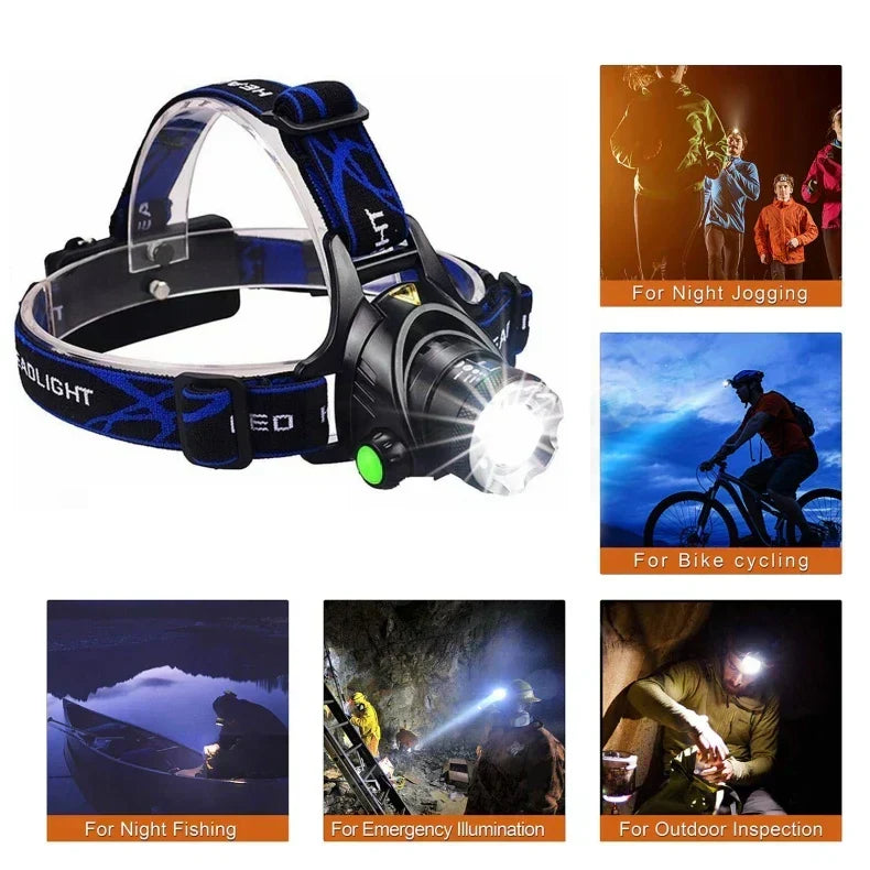 Lanterna de Cabeça LED - À Prova de Água - Zoom Ajustável - Recarregável por USB - Camping ao Ar Livre | meowbutter