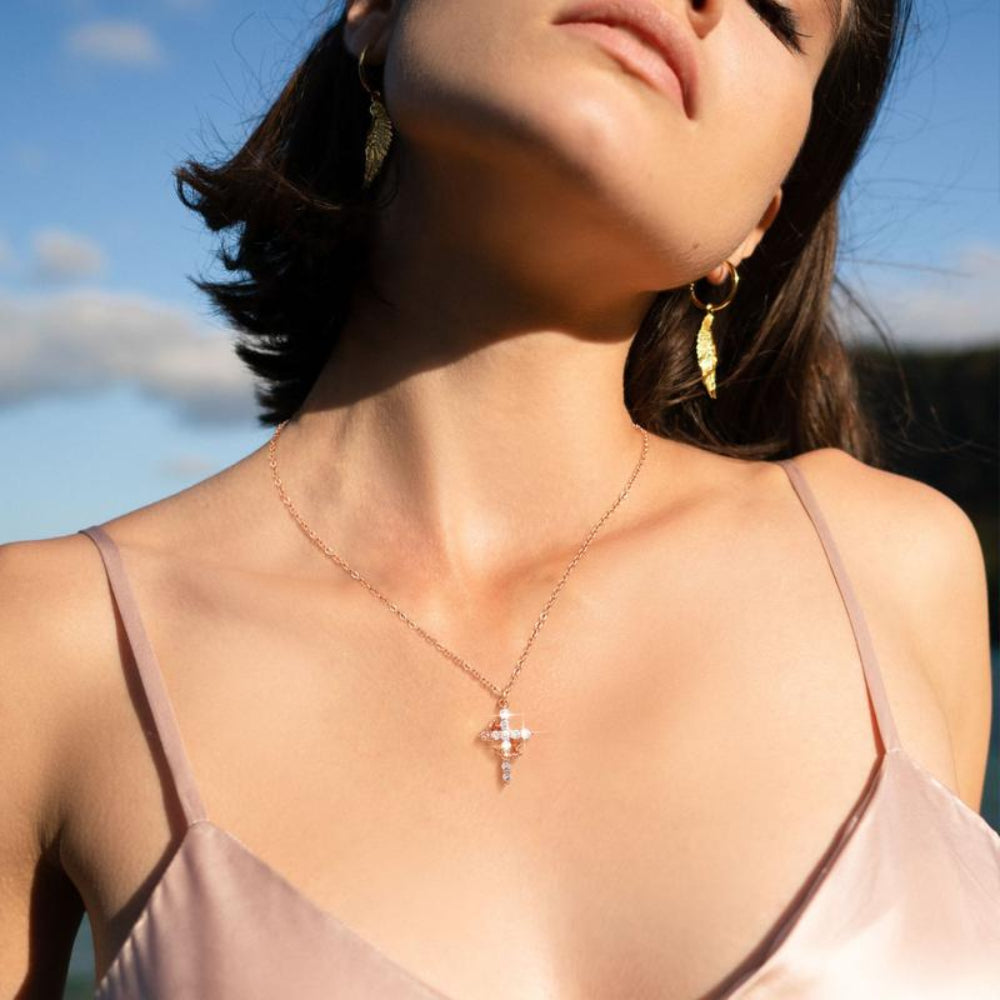Crown Cross Pendant Necklace — Compact Crown-Top Design, Approximately 20g Weight