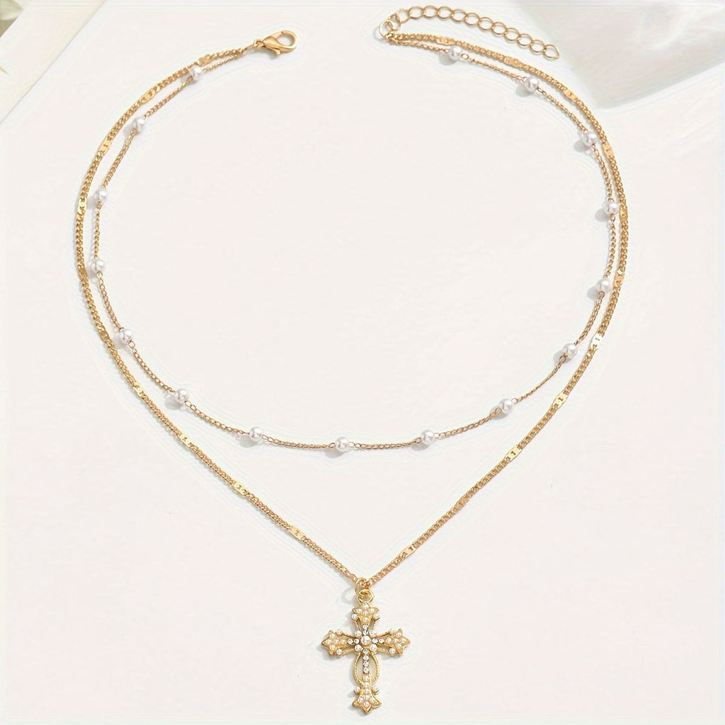 Gold Layered Cross Necklace — Beaded Chain Pendant, 40 × 2 cm