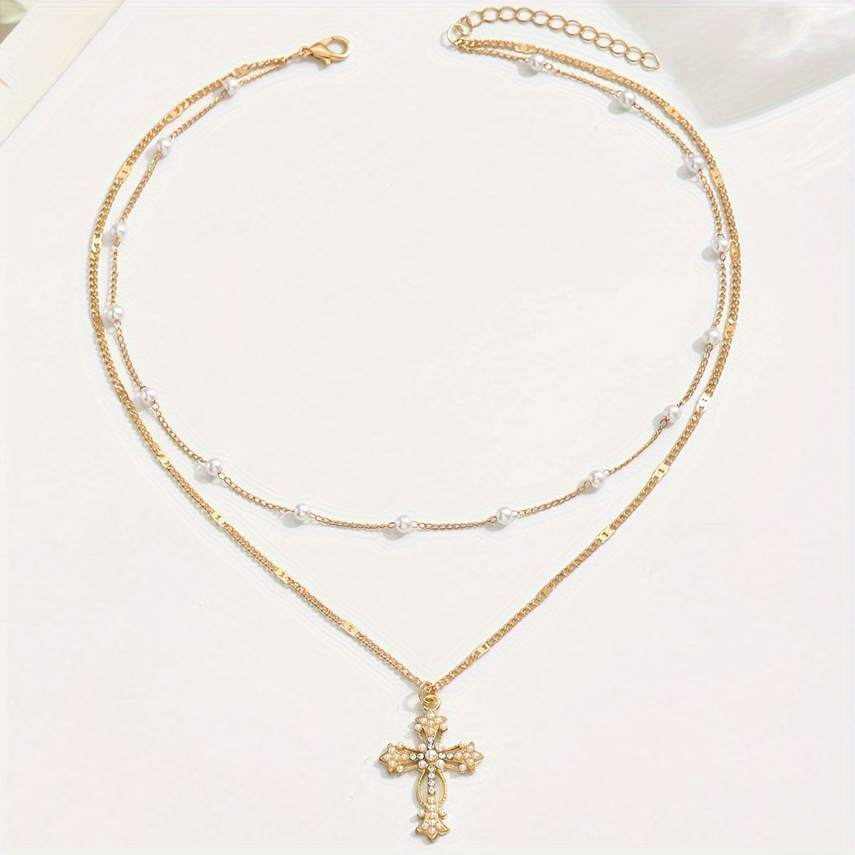 Gold Layered Cross Necklace — Beaded Chain Pendant, 40 × 2 cm