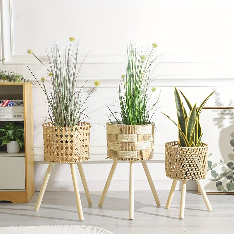 Boho växtställ i vävd bambu — ben i massivt trä