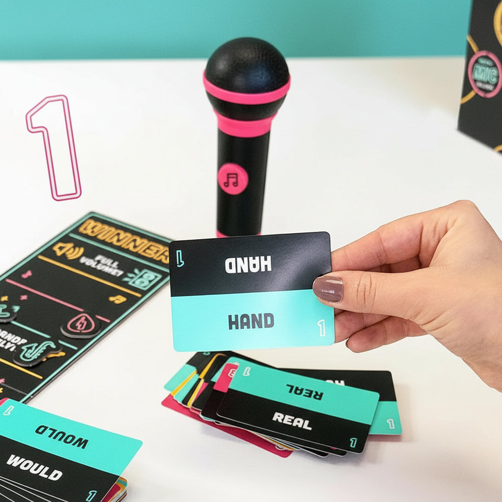 Card Karaoke Word Game — Printed Cue Cards and Foam Microphone