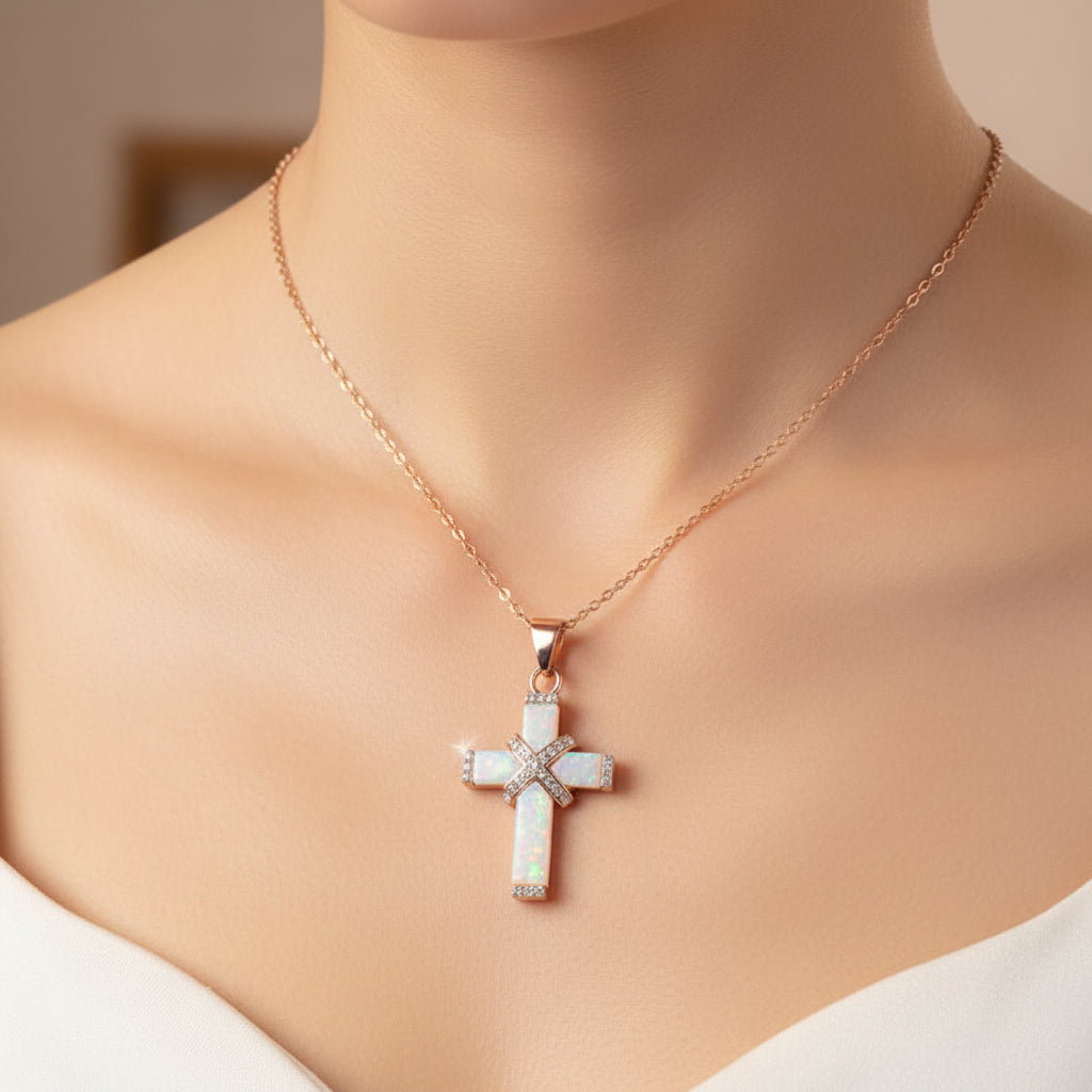 Rose Gold Cross Pendant Necklace — Clear Rhinestone Trim, Metallic Finish