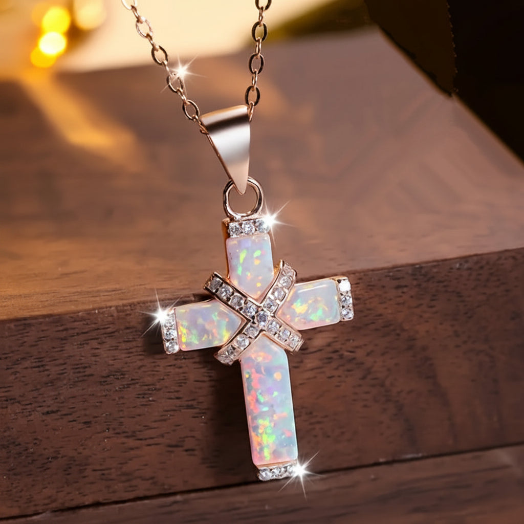 Rose Gold Cross Pendant Necklace — Clear Rhinestone Trim, Metallic Finish
