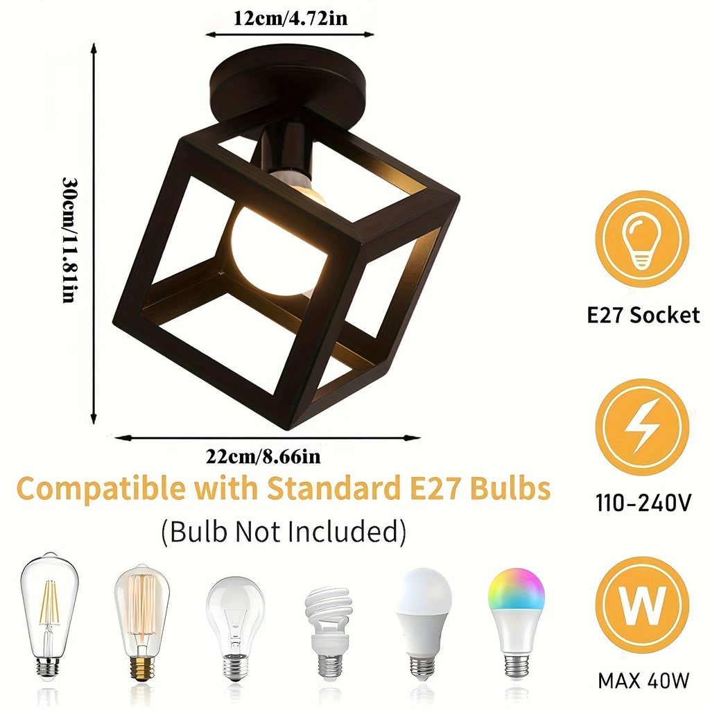 Candeeiro de teto geométrico em forma de cubo, preto mate — Montagem semiembutida, estilo industrial moderno