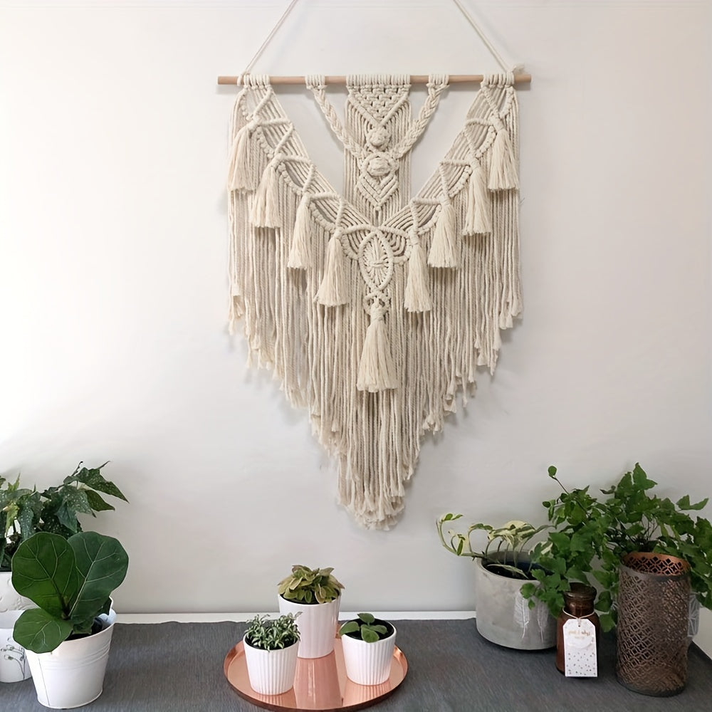 Tapeçaria de parede boémia em macramé — nós feitos à mão e franjas, 70 x 45 cm