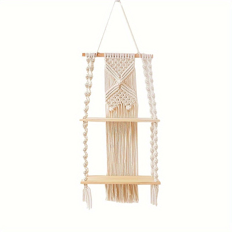 Two Tier Solid Wood Macrame Shelf — Hand Knotted Cotton Storage Rack
