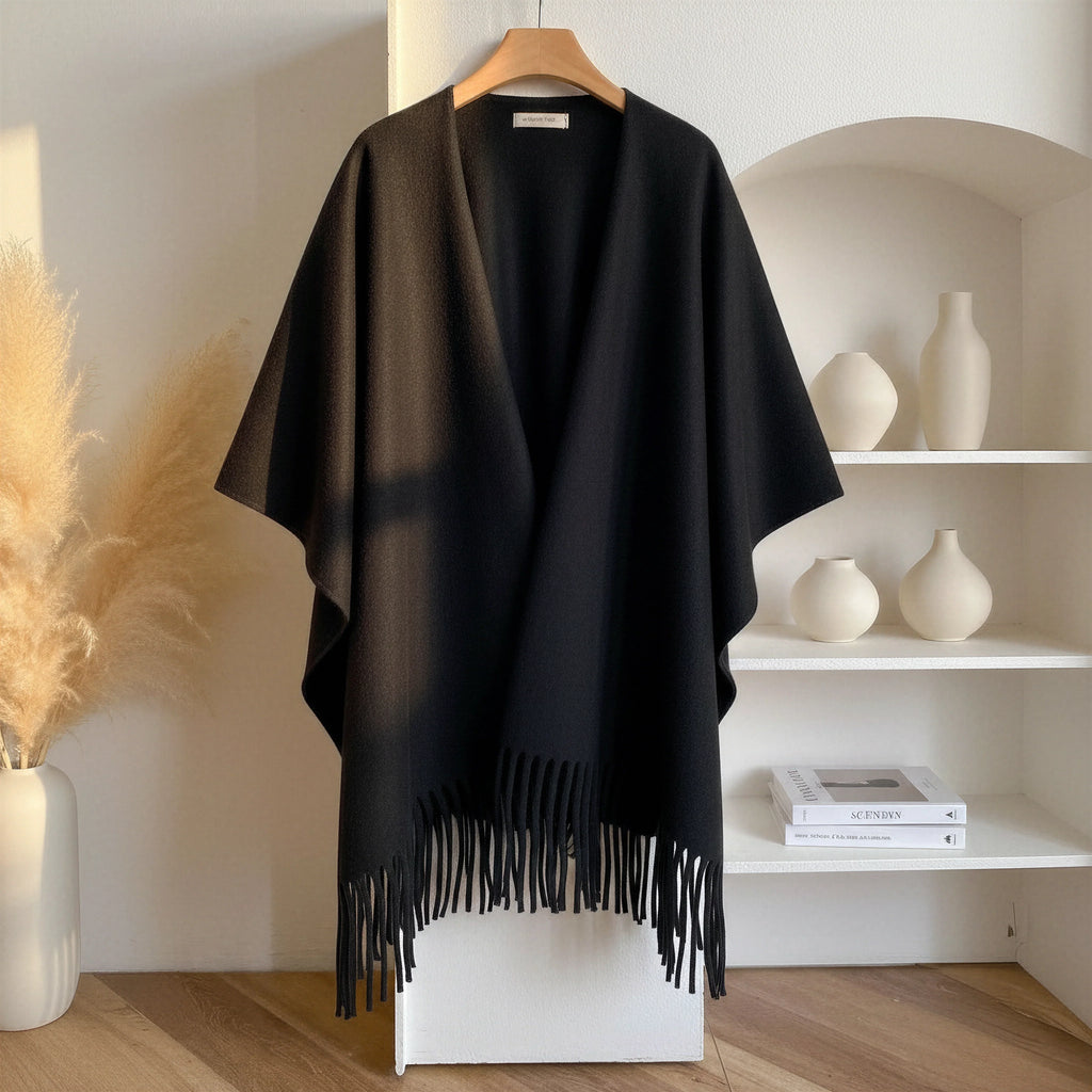 Cozy Fleece Tassel Shawl With Soft Draping And Gentle Flow