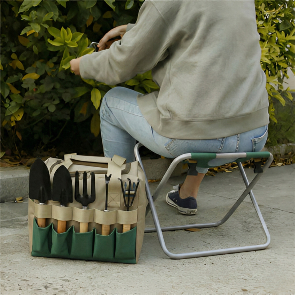 Portable 6-Piece Garden Tool Kit — Integrated Folding Seat Stool