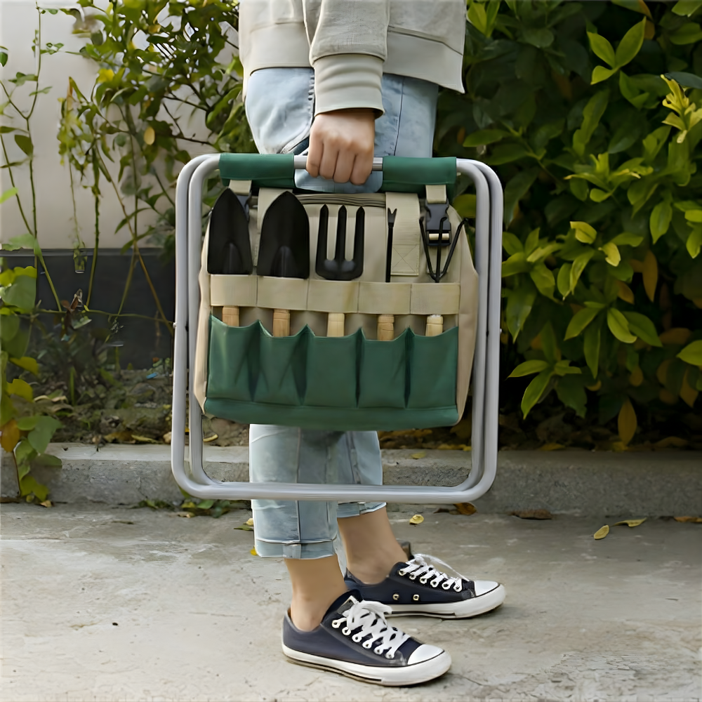 Portable 6-Piece Garden Tool Kit — Integrated Folding Seat Stool
