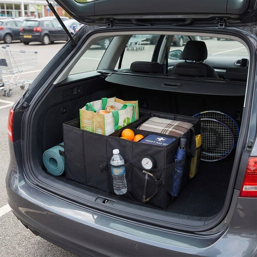 56L Collapsible Car Boot Organiser - 600D Oxford - 3 Compartments - Foldable & Waterproof | meowbutter