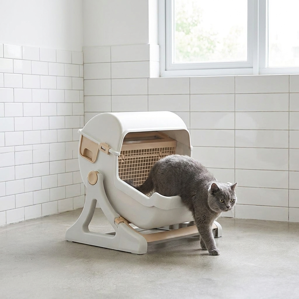 Automatic Cat Litter Box - Tipping Tray - Odour Control - Open Top - 50x50x46cm - Beige & Grey | meowbutter