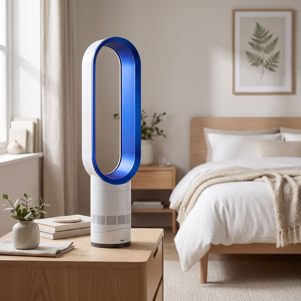 Beznáblový stojanový ventilátor - 16 palců - Čistička vzduchu - Dálkové ovládání - Tichý DC motor - Růžová, šedá, modrá a zlatá | meowbutter