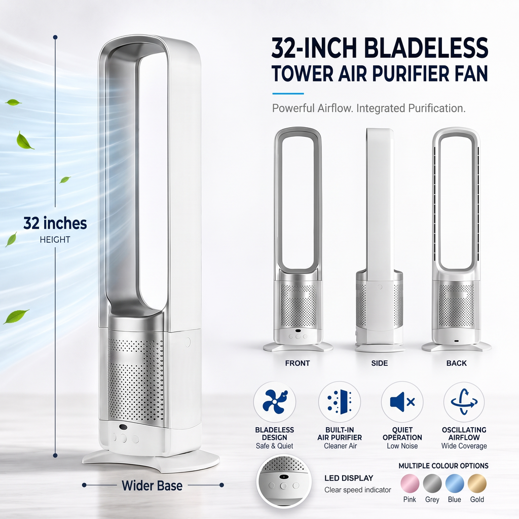 Bladeless Floor Fan - 32 Inch - Air Purifier - Remote Control - Quiet DC Motor - Pink, Grey, Blue & Gold | meowbutter
