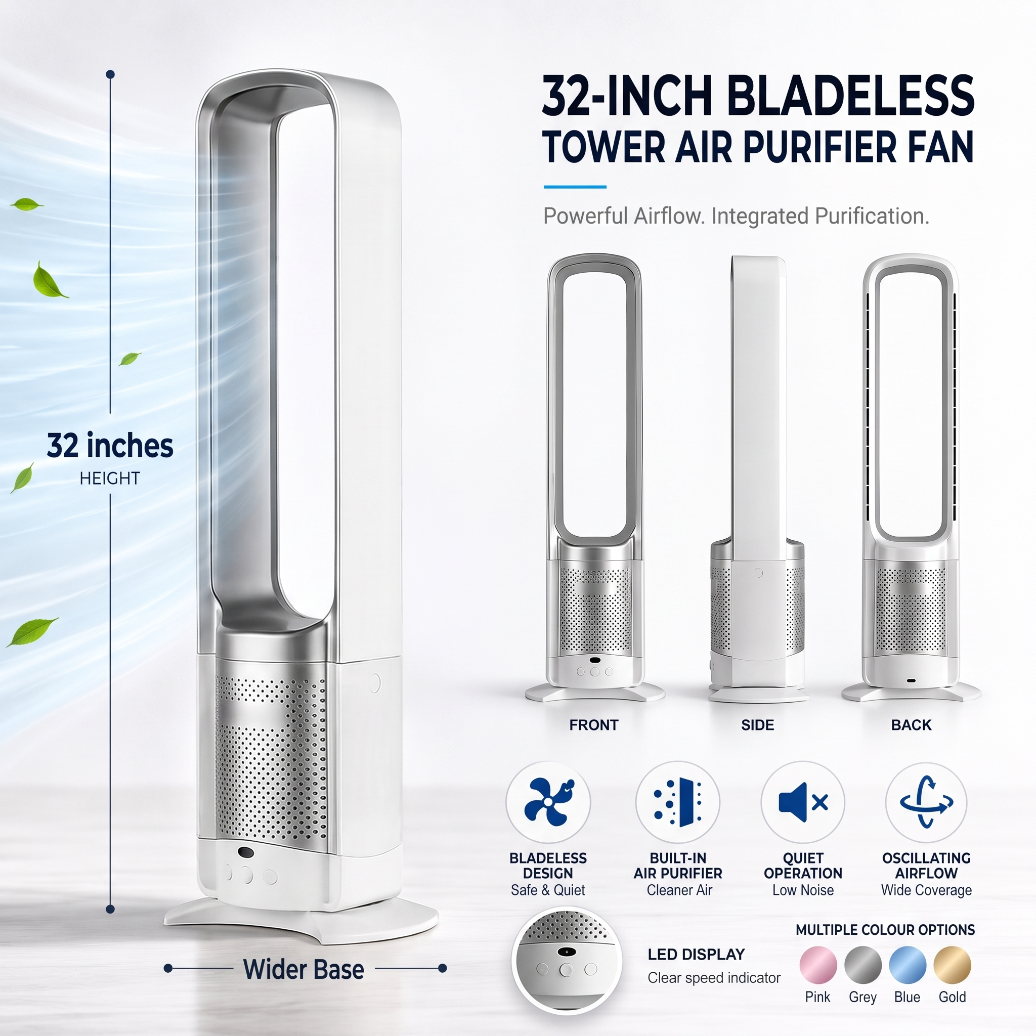Bladeless Floor Fan - 32 Inch - Air Purifier - Remote Control - Quiet DC Motor - Pink, Grey, Blue & Gold | meowbutter