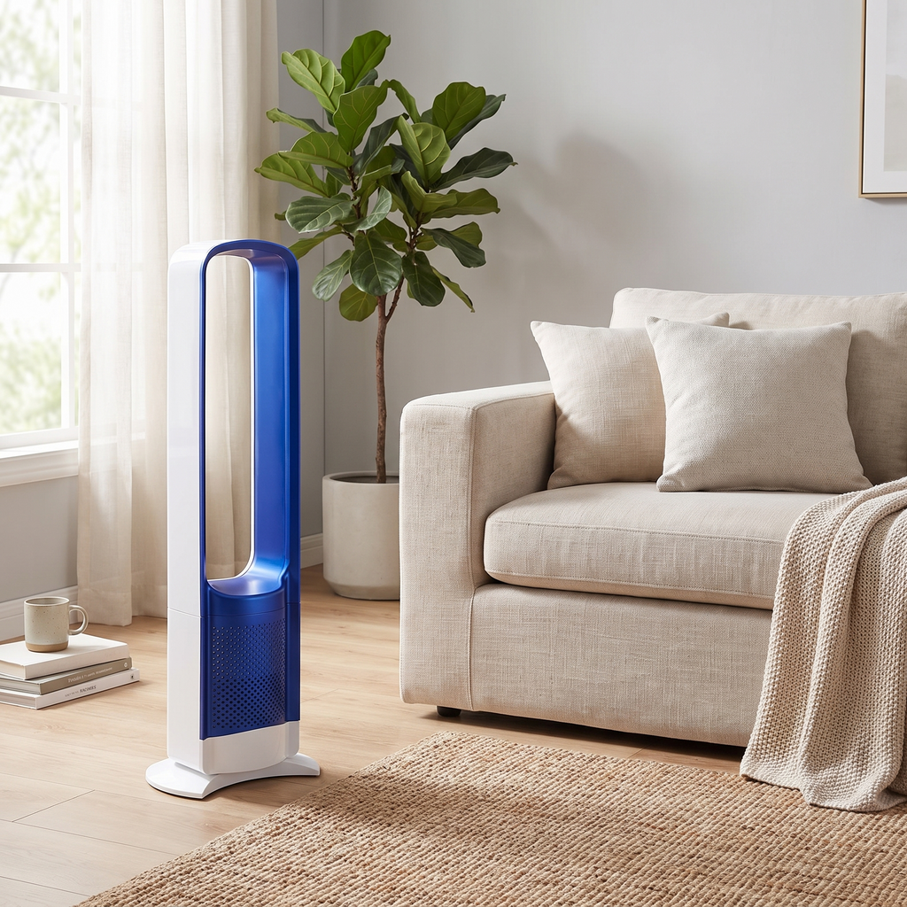Bladeless Floor Fan - 32 Inch - Air Purifier - Remote Control - Quiet DC Motor - Pink, Grey, Blue & Gold | meowbutter