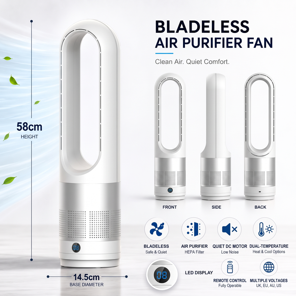 Beznáblový věžový ventilátor a čistička vzduchu - HEPA - Tichý DC motor - Dálkové ovládání - Bílá, Platinová a Stříbrná | meowbutter