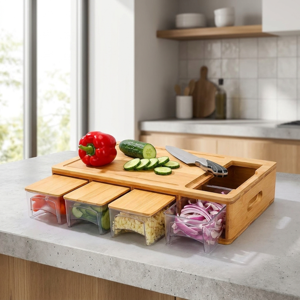 Bamboo Cutting Board - Storage Trays & Graters - Multifunctional Kitchen Prep Station | meowbutter
