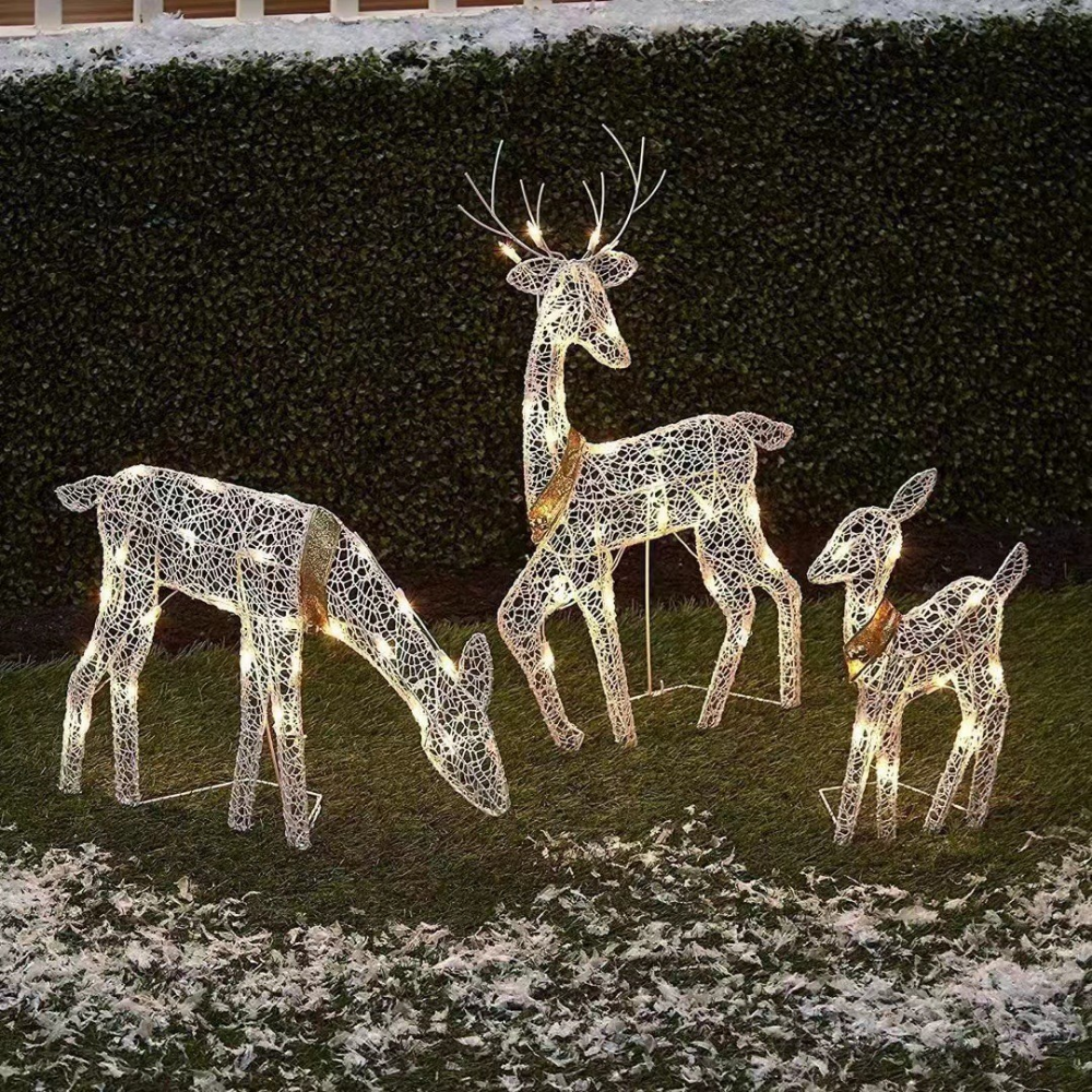 Dreiteiliges, goldbeschichtetes Metall-Rentier-Set für Weihnachten – dekorative Schleifenbänder, integrierte Beleuchtung