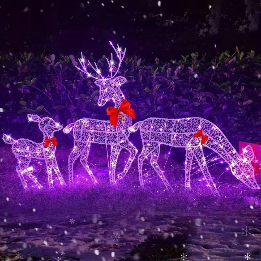 Dreiteiliges, goldbeschichtetes Metall-Rentier-Set für Weihnachten – dekorative Schleifenbänder, integrierte Beleuchtung