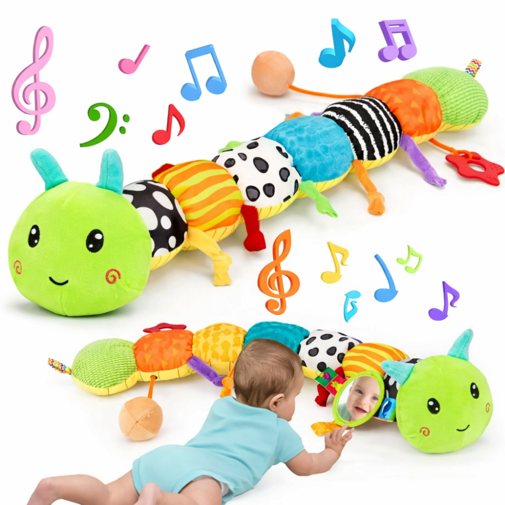 Musical Caterpillar Plush Toy — Soft Elongated Body, Varied Textures, Vibrant Colors