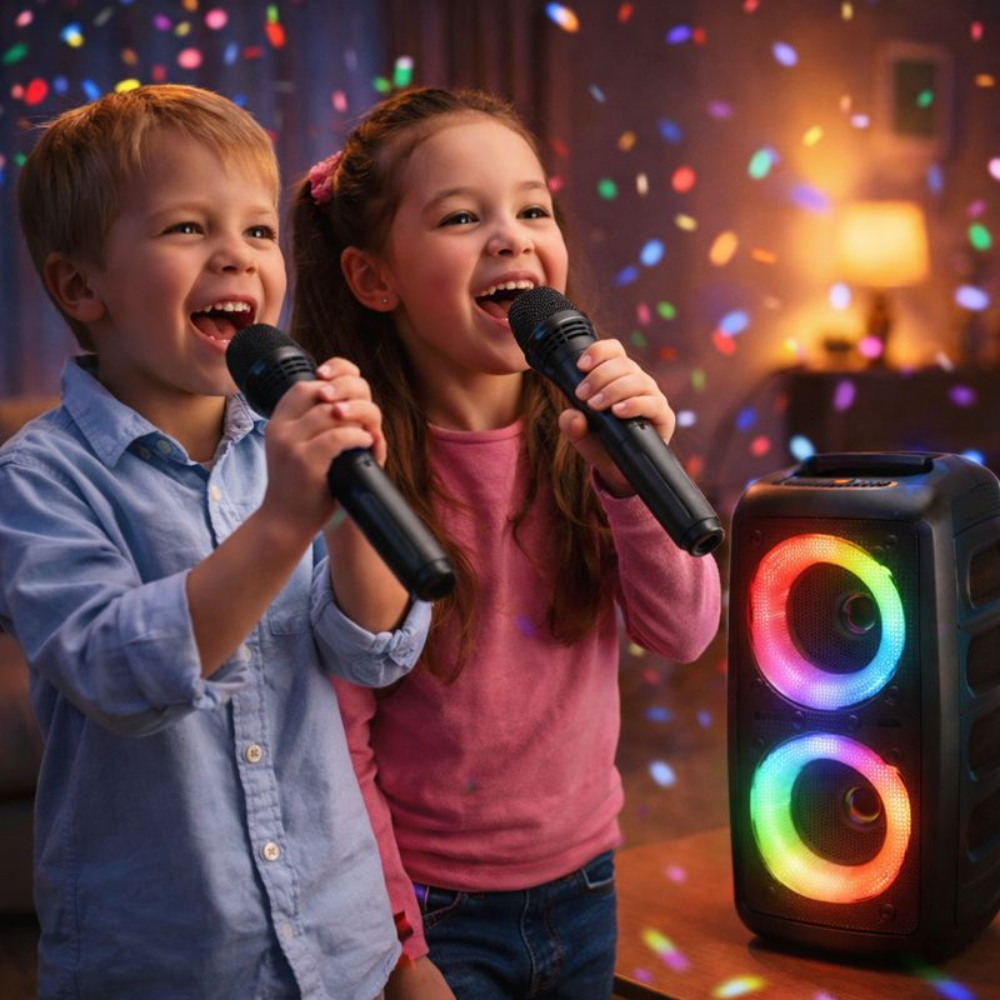 Portable Karaoke System — 15W Dual-Driver Speaker, Bluetooth 5.2, Microphones
