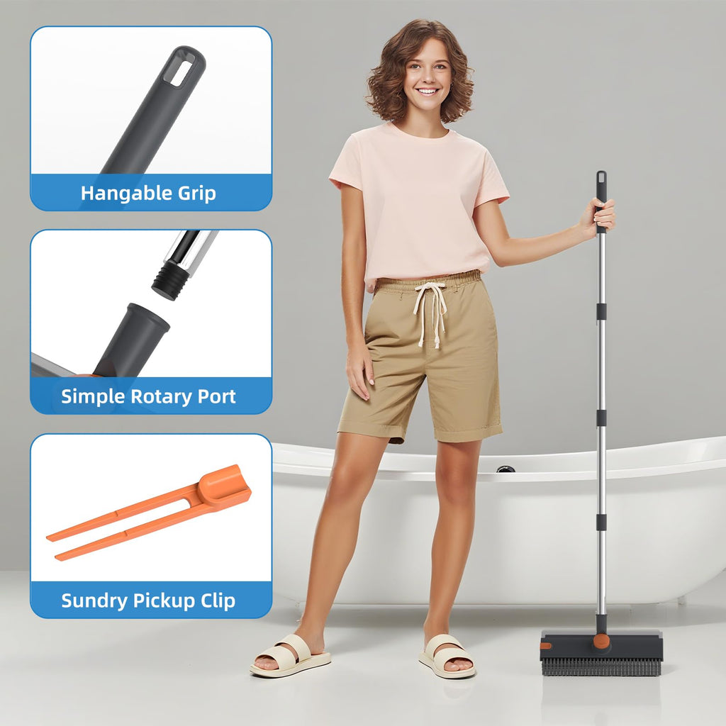 Long-Handled Floor Scrub Brush With Squeegee For Bathroom Tiles And Floors
