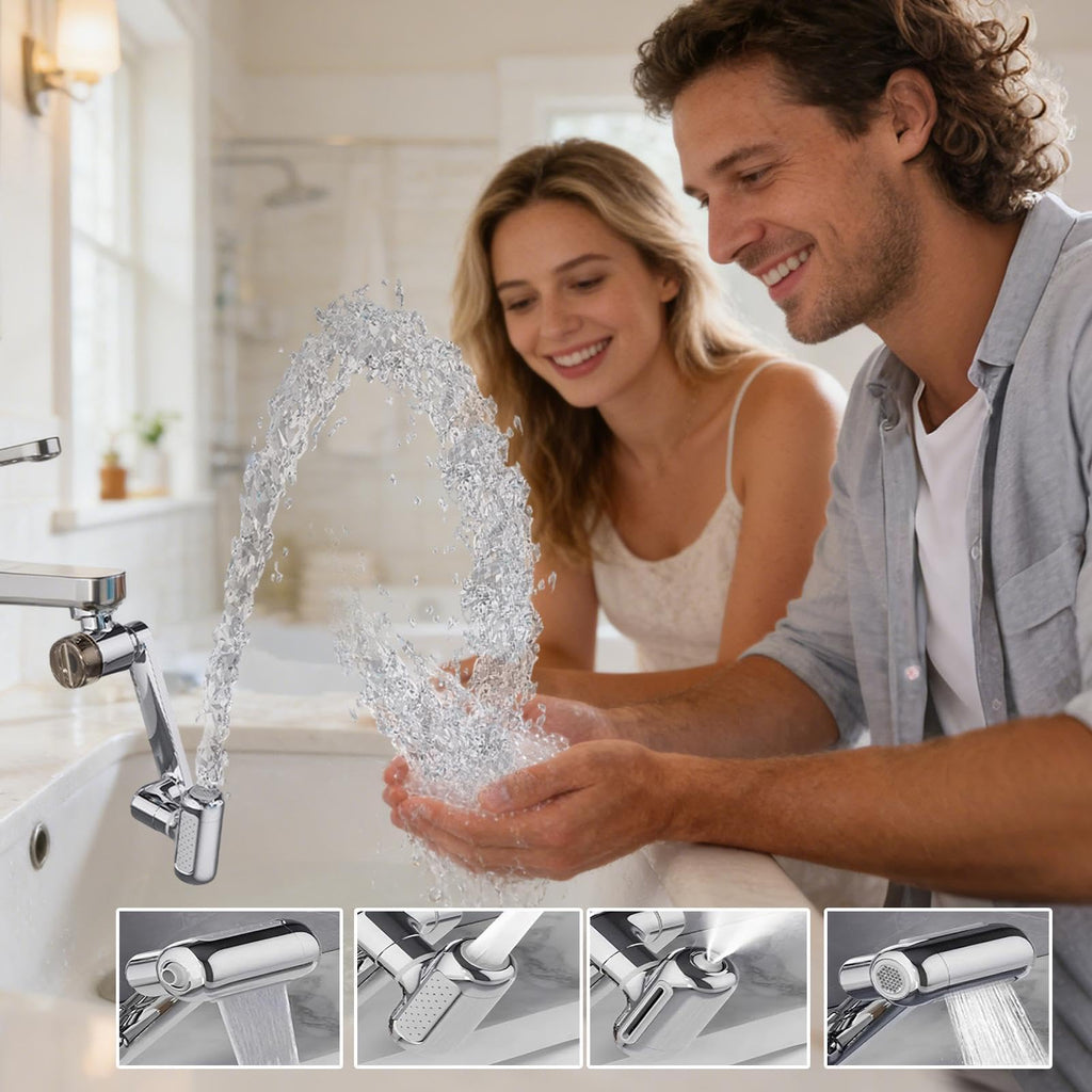 Brass Faucet Extender For Sinks, 1440-Degree Swivel, Four Spray Modes, 2 Cartridges