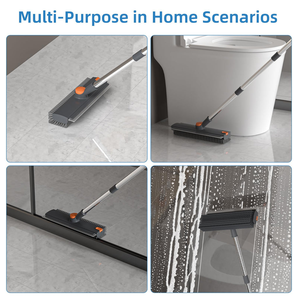 Long-Handled Floor Scrub Brush With Squeegee For Bathroom Tiles And Floors