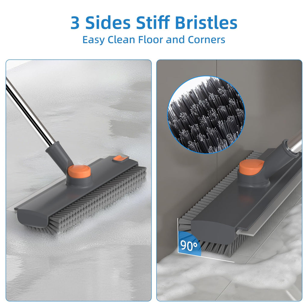 Long-Handled Floor Scrub Brush With Squeegee For Bathroom Tiles And Floors