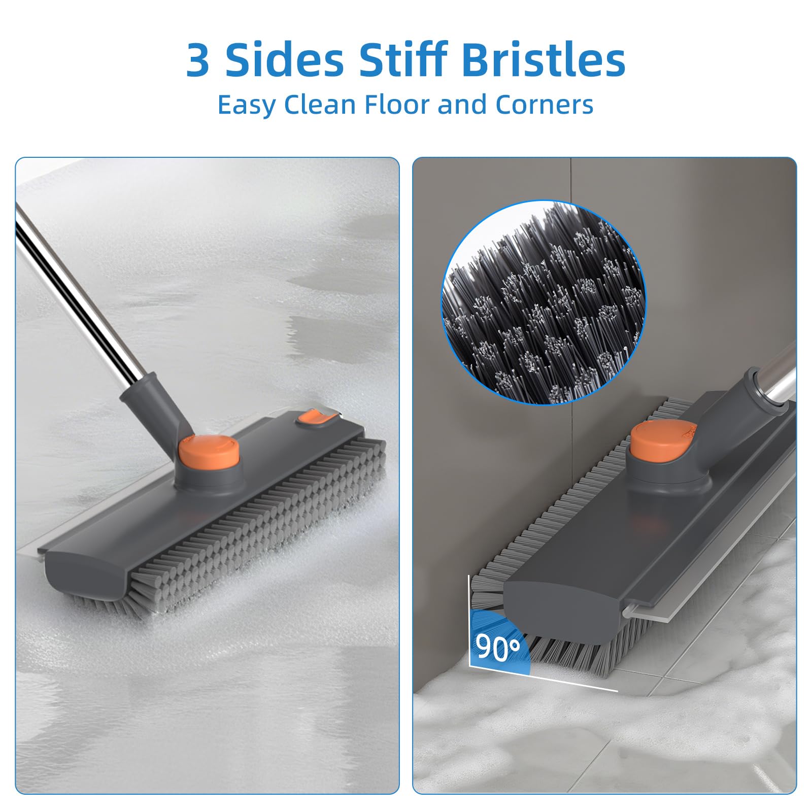 Long-Handled Floor Scrub Brush With Squeegee For Bathroom Tiles And Floors