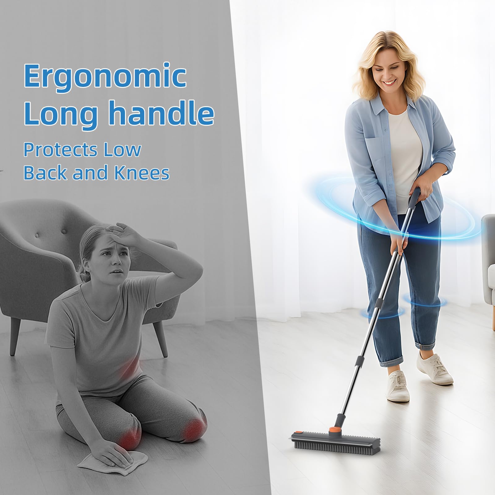 Long-Handled Floor Scrub Brush With Squeegee For Bathroom Tiles And Floors