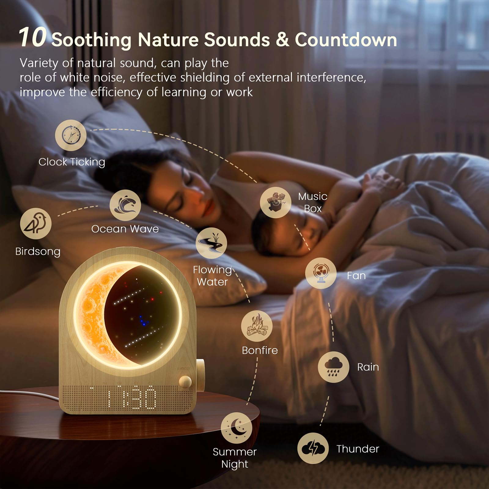 Sunrise Clock With White Noise And Dual Alarms For Bedroom Use