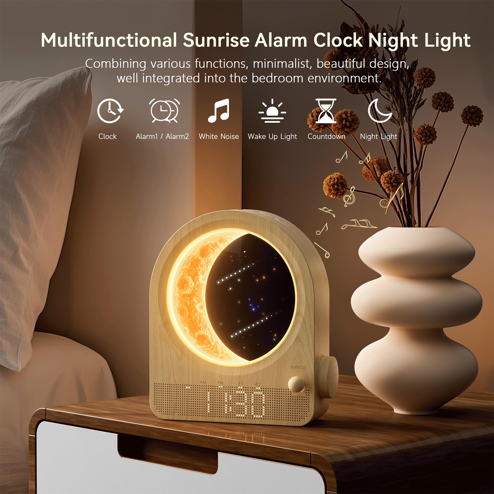 Sunrise Clock With White Noise And Dual Alarms For Bedroom Use