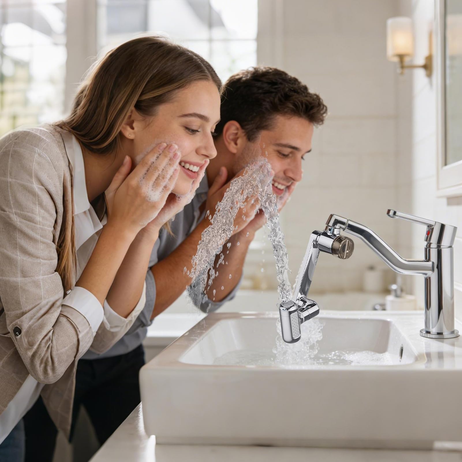 Brass Faucet Extender For Sinks, 1440-Degree Swivel, Four Spray Modes, 2 Cartridges