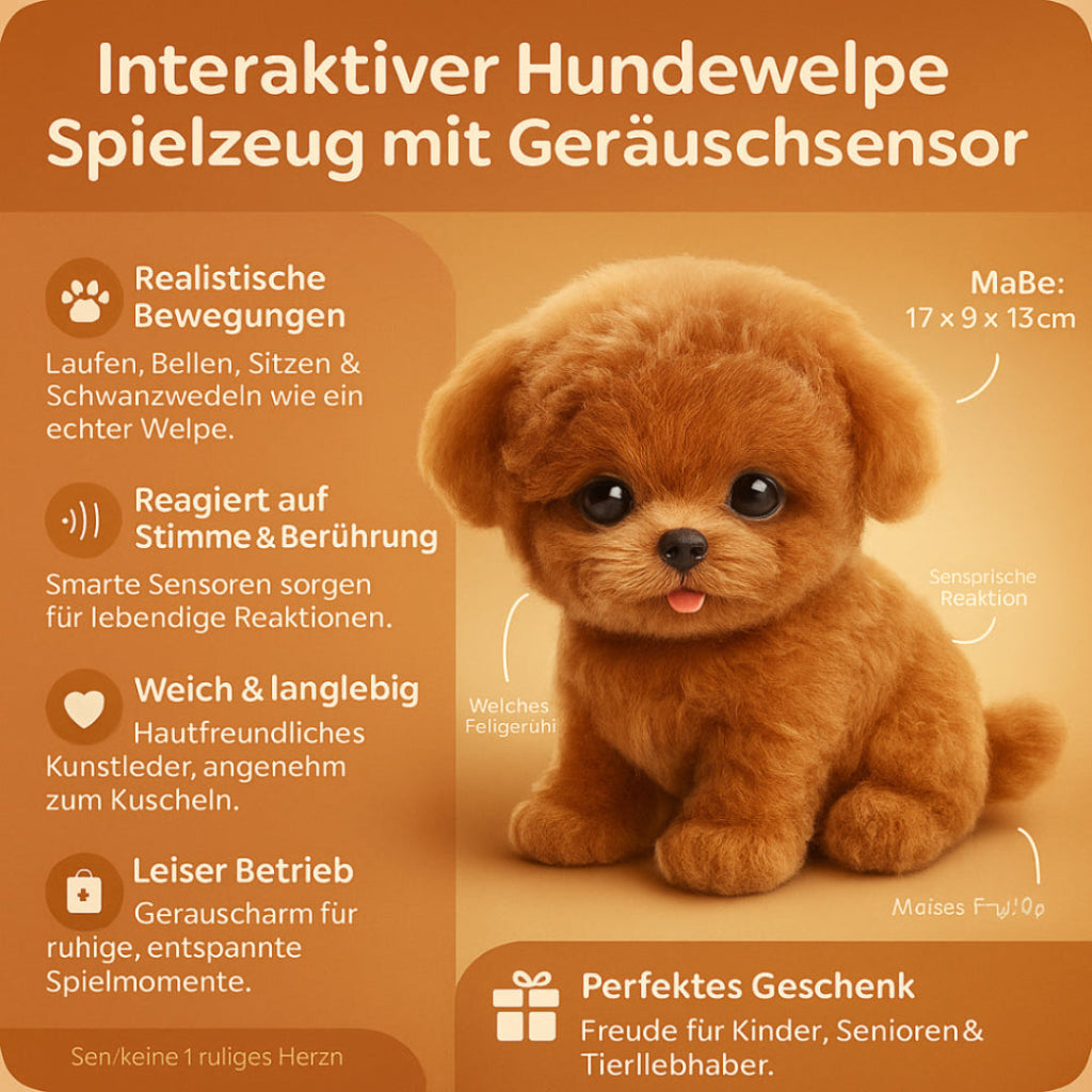 Lebensechtes robotisches Plüsch-Welpenspielzeug — synthetischer Fellhund ohne Bildschirm, reagiert auf Berührungen und Stimmsignale