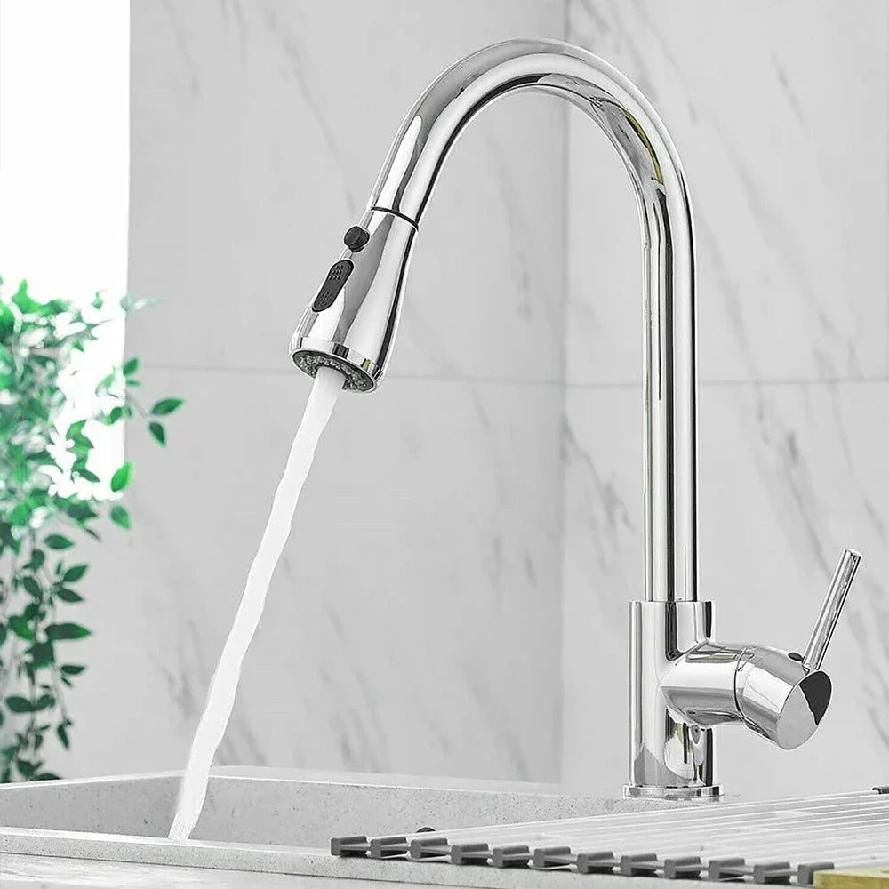 Single Handle Pull-Out Kitchen Faucet — Stainless Steel Spray Head