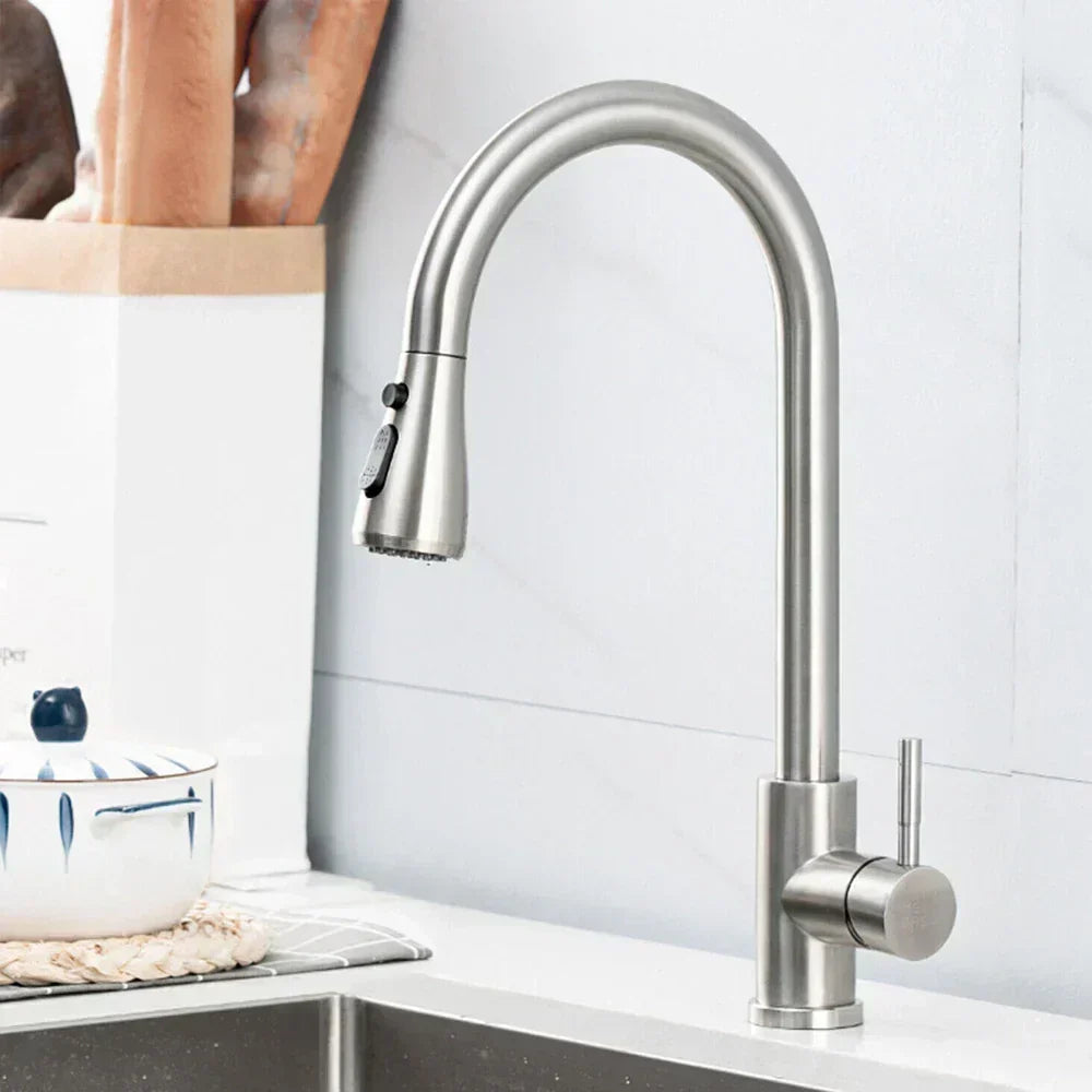 Single Handle Pull-Out Kitchen Faucet — Stainless Steel Spray Head