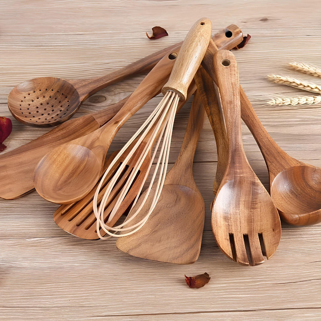 Natural Wood Kitchen Utensil Set — 13 Piece Cooking Set, Spoons Spatulas And Desktop Stand