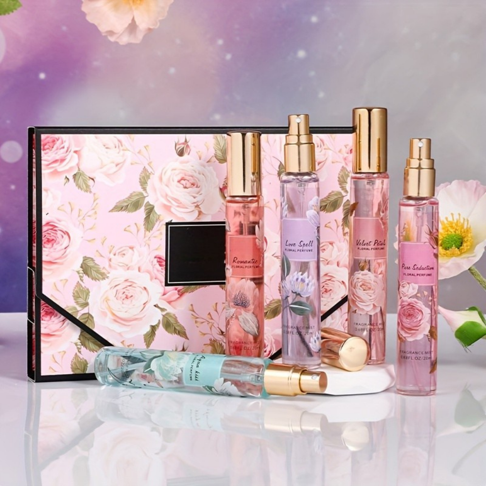 Blommigt reseparfympresentset – samling med miniatyrflaskor