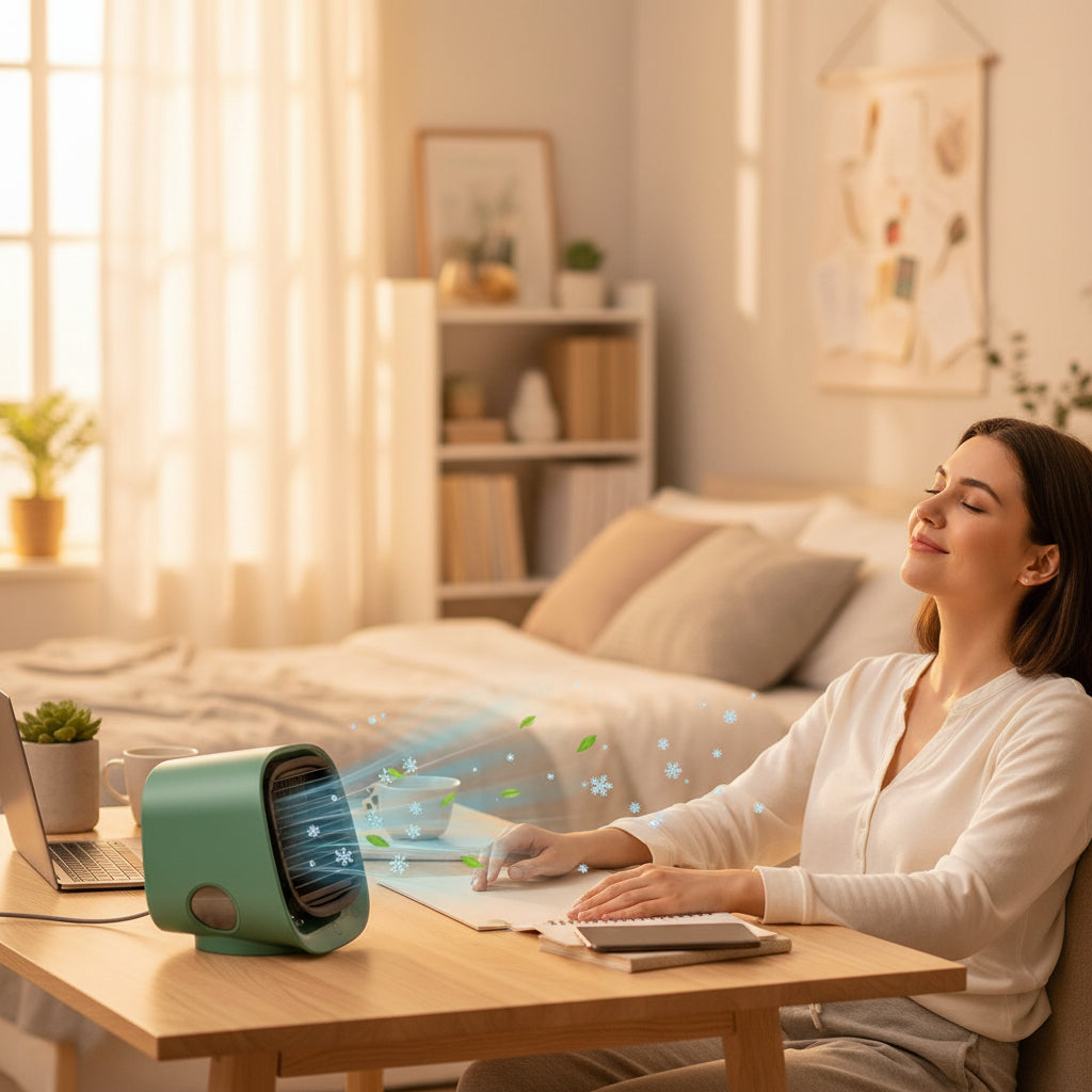Aire acondicionado personal con alimentación USB — ventilador mini portátil, depósito de agua integrado