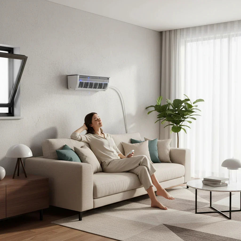 Kompakti seinäasennettava ilmastointilaite — siivetön kotelo, integroitu sähköpuhallin