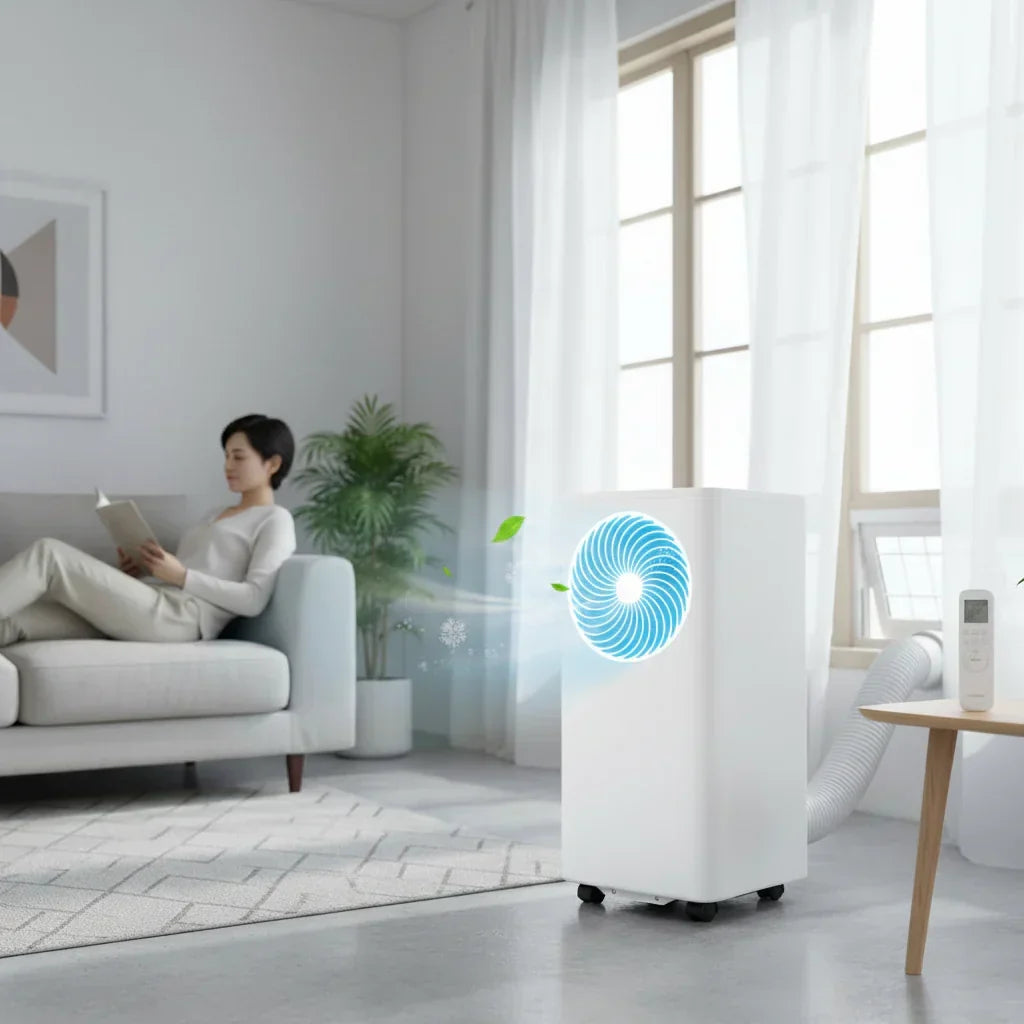 Volně stojící přenosná klimatizace v bílé barvě - energeticky úsporná a s režimem spánku